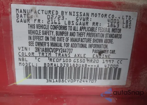 2023 Nissan Sentra Sv Xtronic Cvt z USA, uszkodzony, nr VIN 3N1AB8CV0PY244707